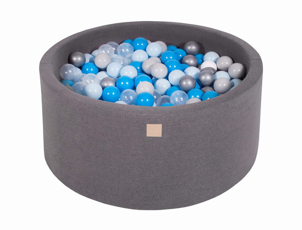 Ronde Ballenbak 300 ballen 90x40cm - Donker Grijs met Grijze, blauwe, Transparante, Babyblauwe en zilveren ballen