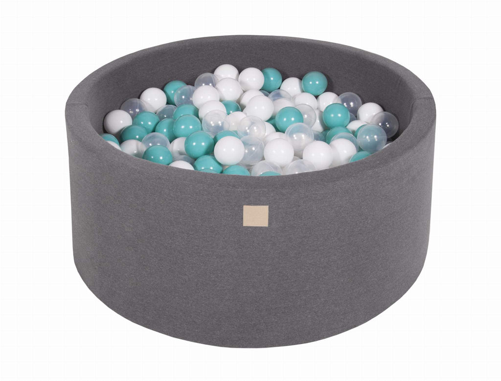 Ronde Ballenbak 300 ballen 90x40cm - Donker Grijs met Turquoise, Transparante en Witte ballen