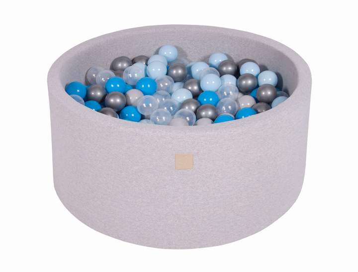 Ronde Ballenbak 300 ballen 90x40cm - Licht Grijs met Blauwe, Transparante, babyblauwe en zilveren ballen