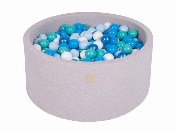 Ronde Ballenbak 300 ballen 90x40cm - Licht Grijs met Witte, Blauwe, Turquoise, babyblauwe en Parel blauwe ballen