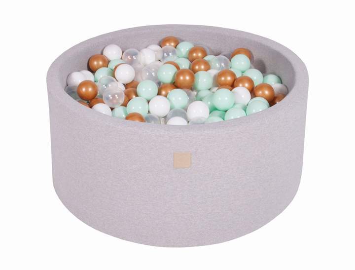 Ronde Ballenbak 300 ballen 90x40cm - Licht Grijs met Witte, Gouden, Transparante en mint ballen