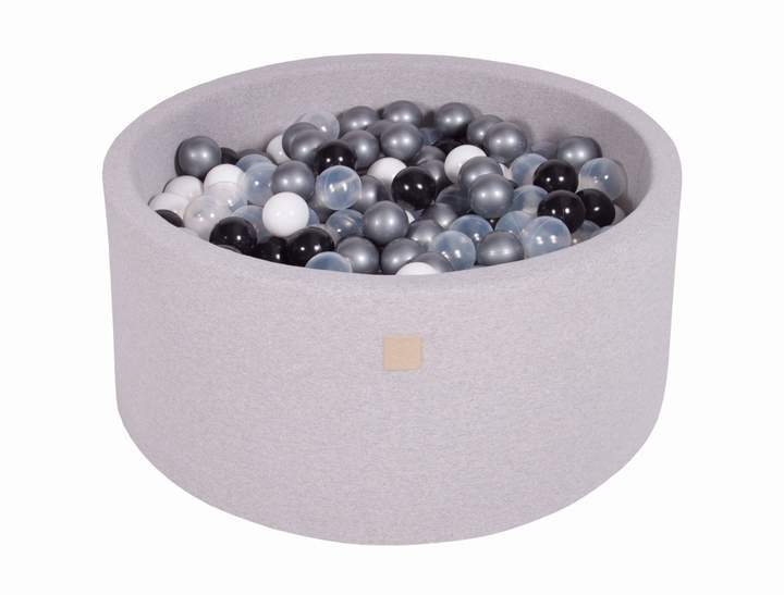 Ronde Ballenbak 300 ballen 90x40cm - Licht Grijs met Witte, Zwarte, Transparante en Zilveren ballen